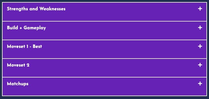 Photo example of sections on guide page showing strengths and weaknesses, build and gameplay, tabs for movests one and two and a matchups tab.