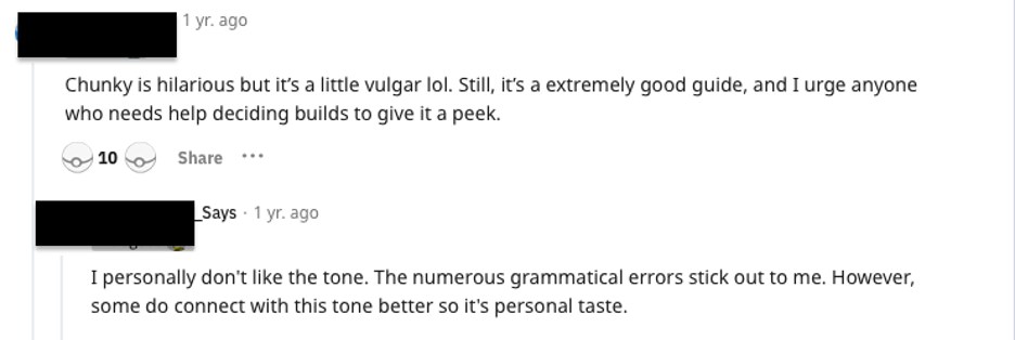 Photo of someone complaining about the guide's tone/info presentation on reddit.