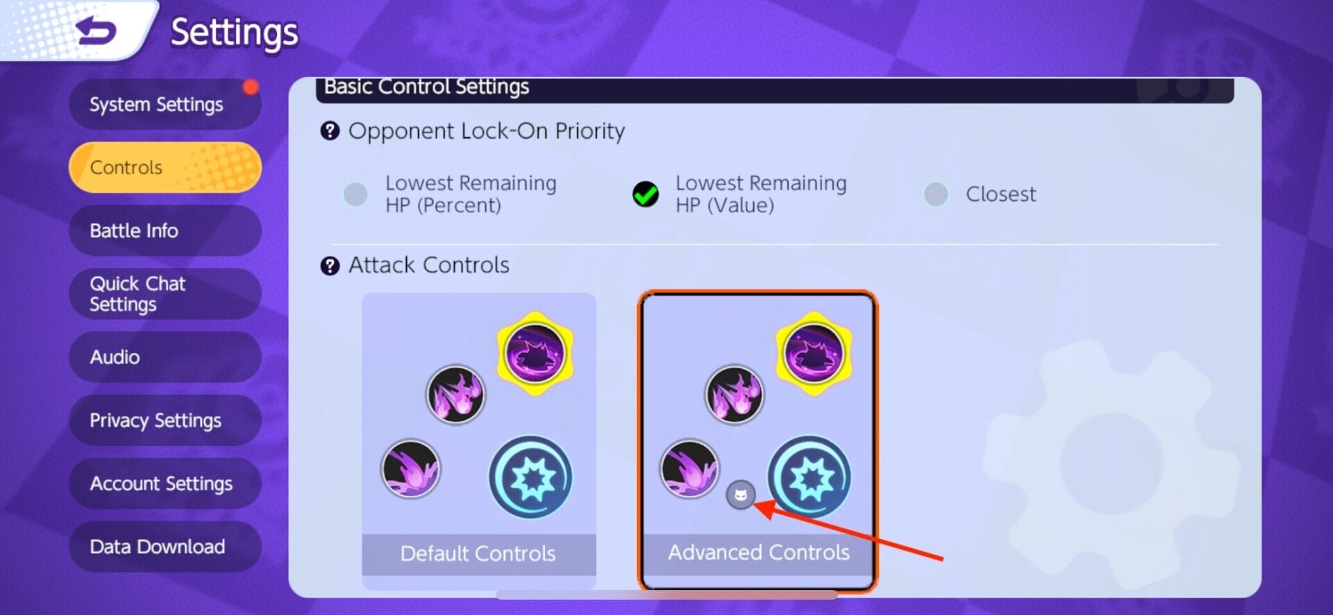 Image of the Target Priority settings set to Lowest Remaining HP (value)
There is also a red arrow pointing to a small button with a wild pokemon on it in the attack controls section.